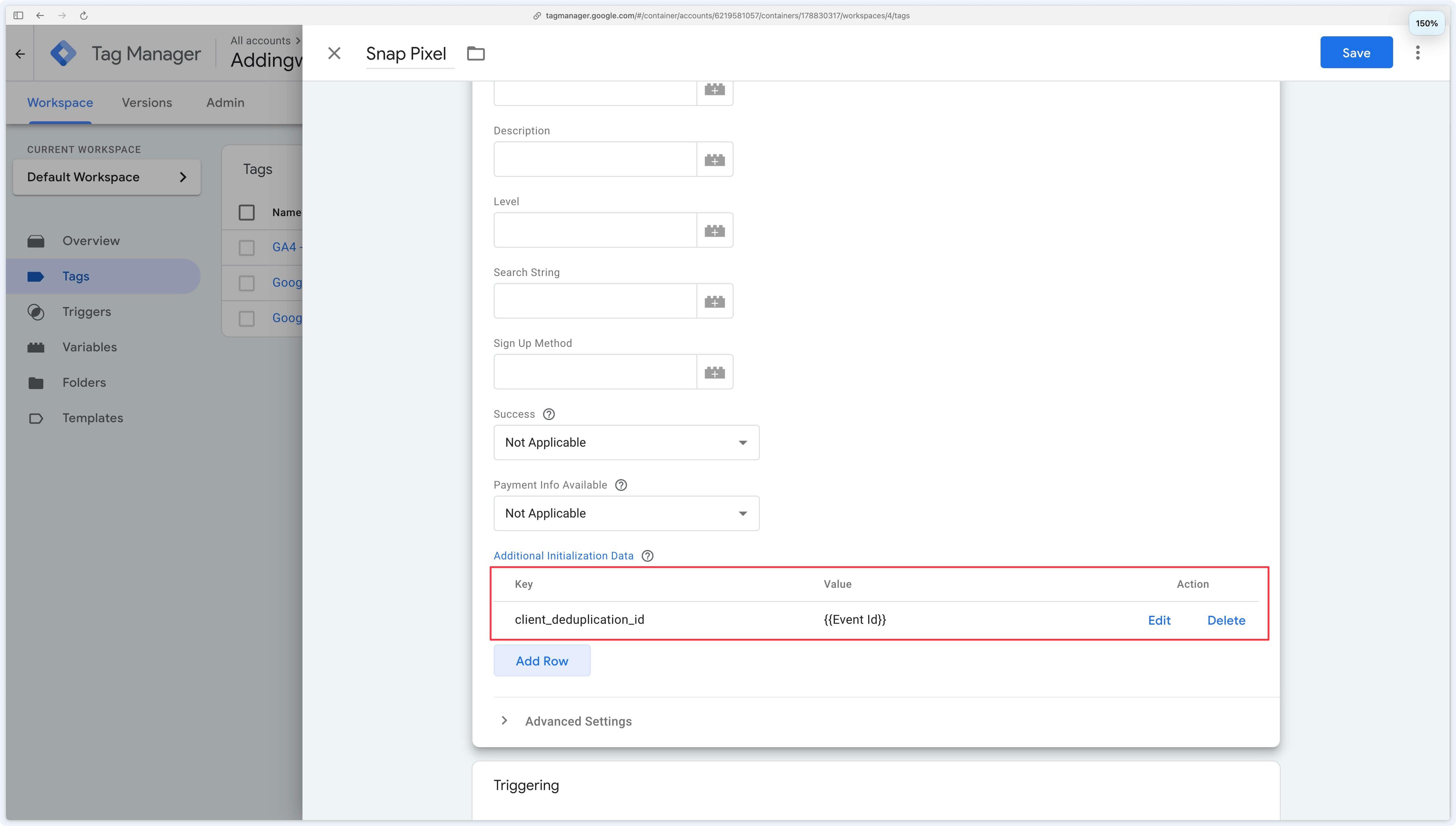 Deduplication configured in Snap Pixel