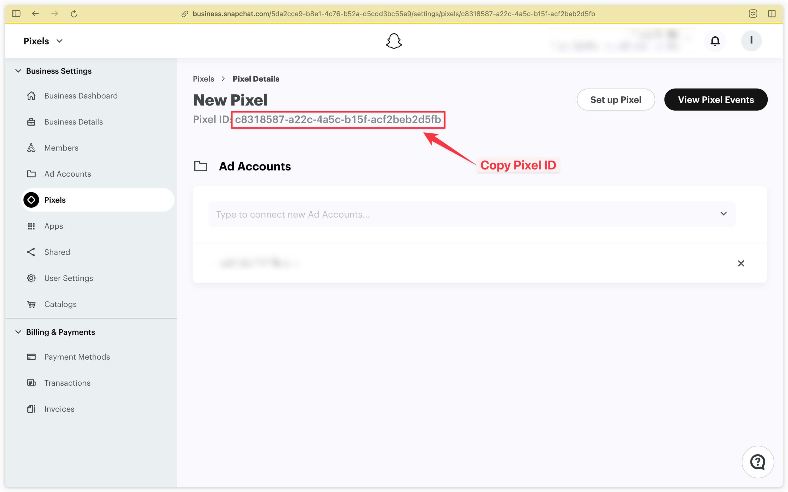 Searching for the Snapchat pixel ID in the event manager on Business Manager Meta