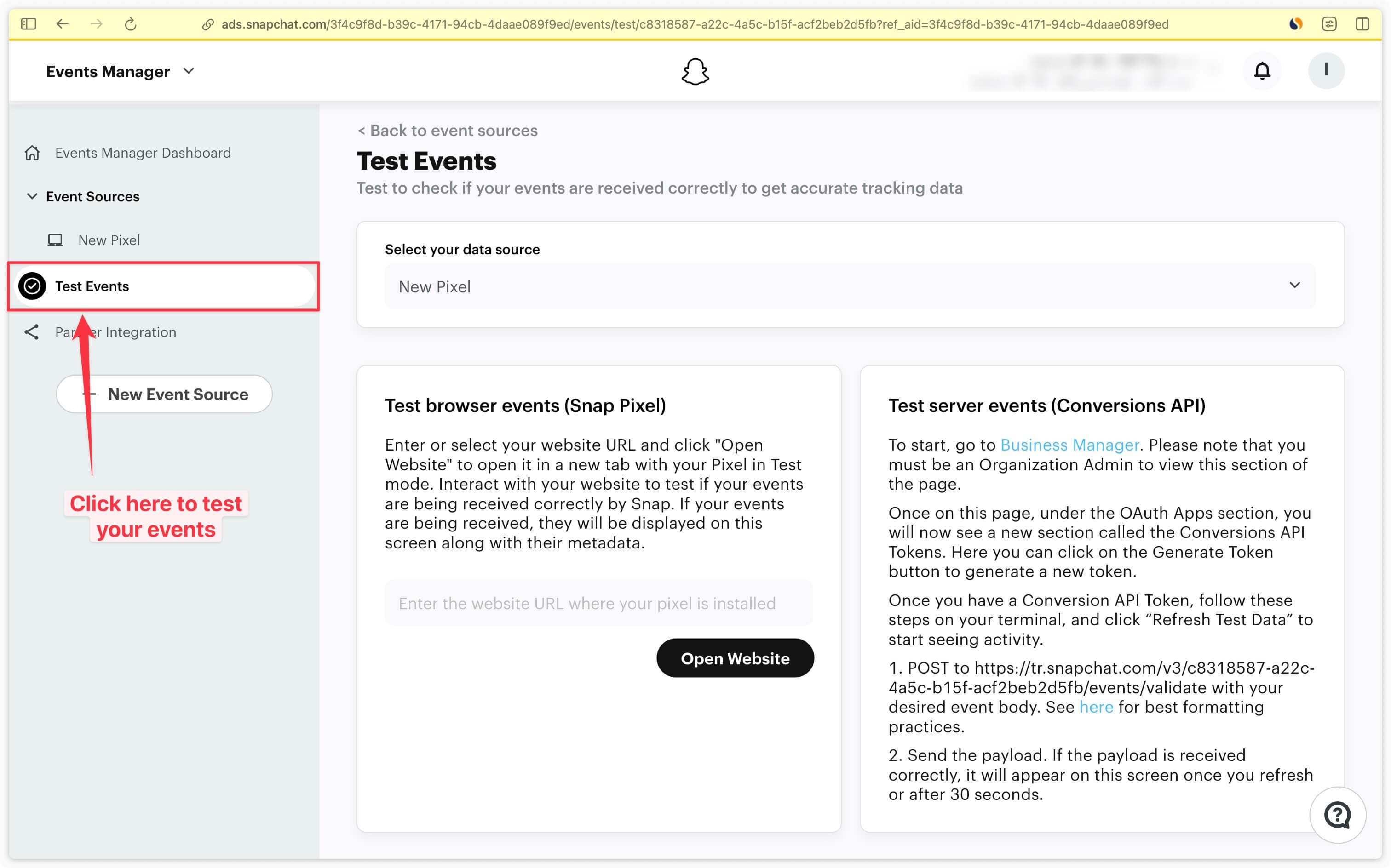 Événements de test dans le gestionnaire d'événements de Snapchat