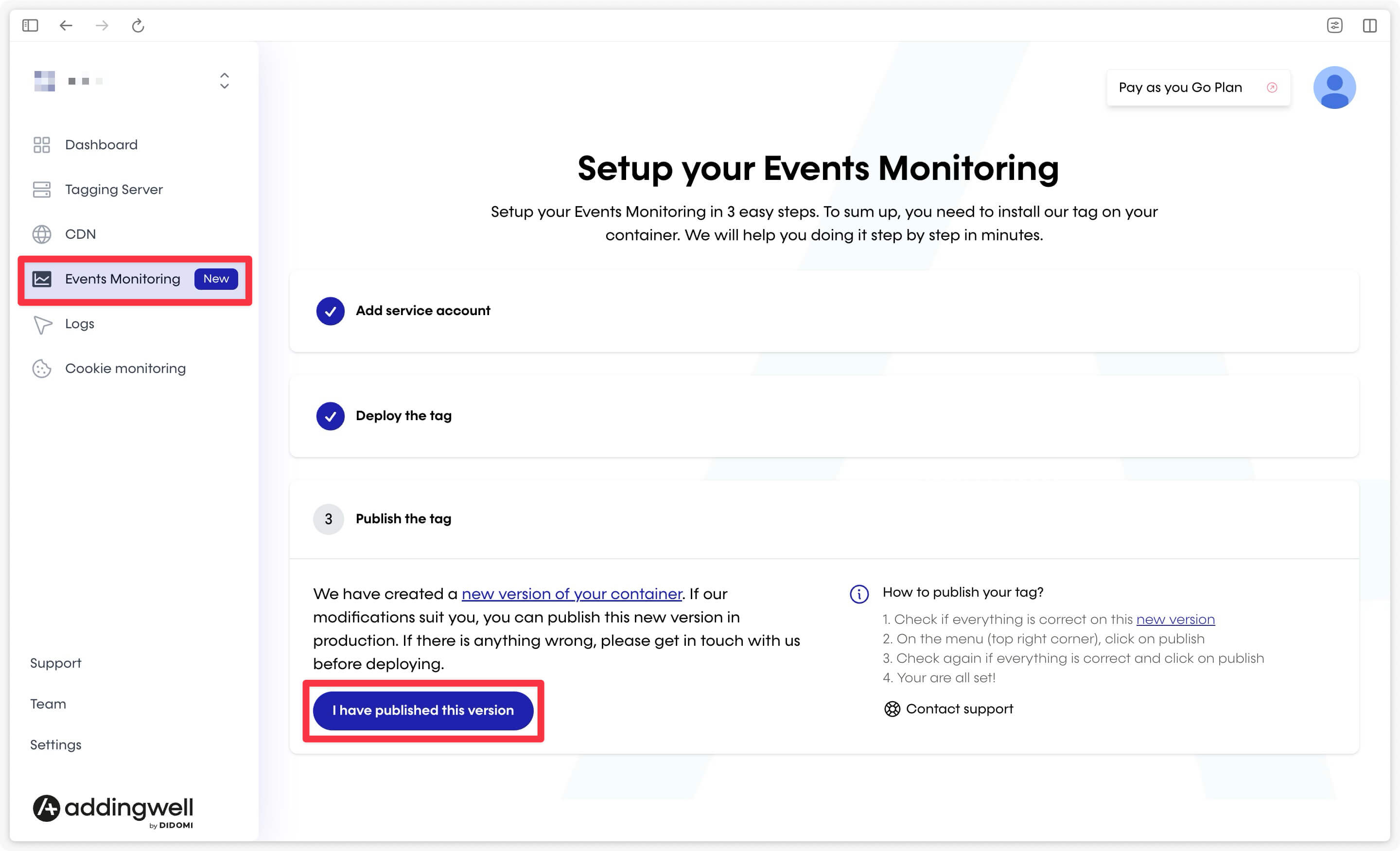 Notify version publication in Addingwell