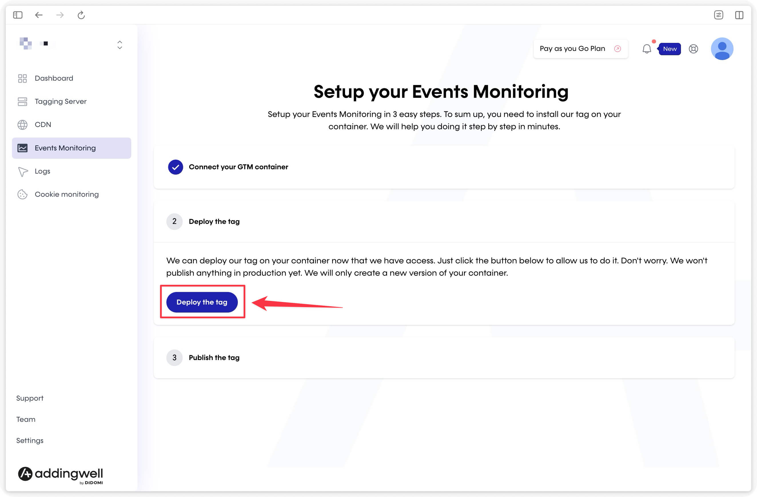 Automatically deploy the Addingwell Monitoring tag