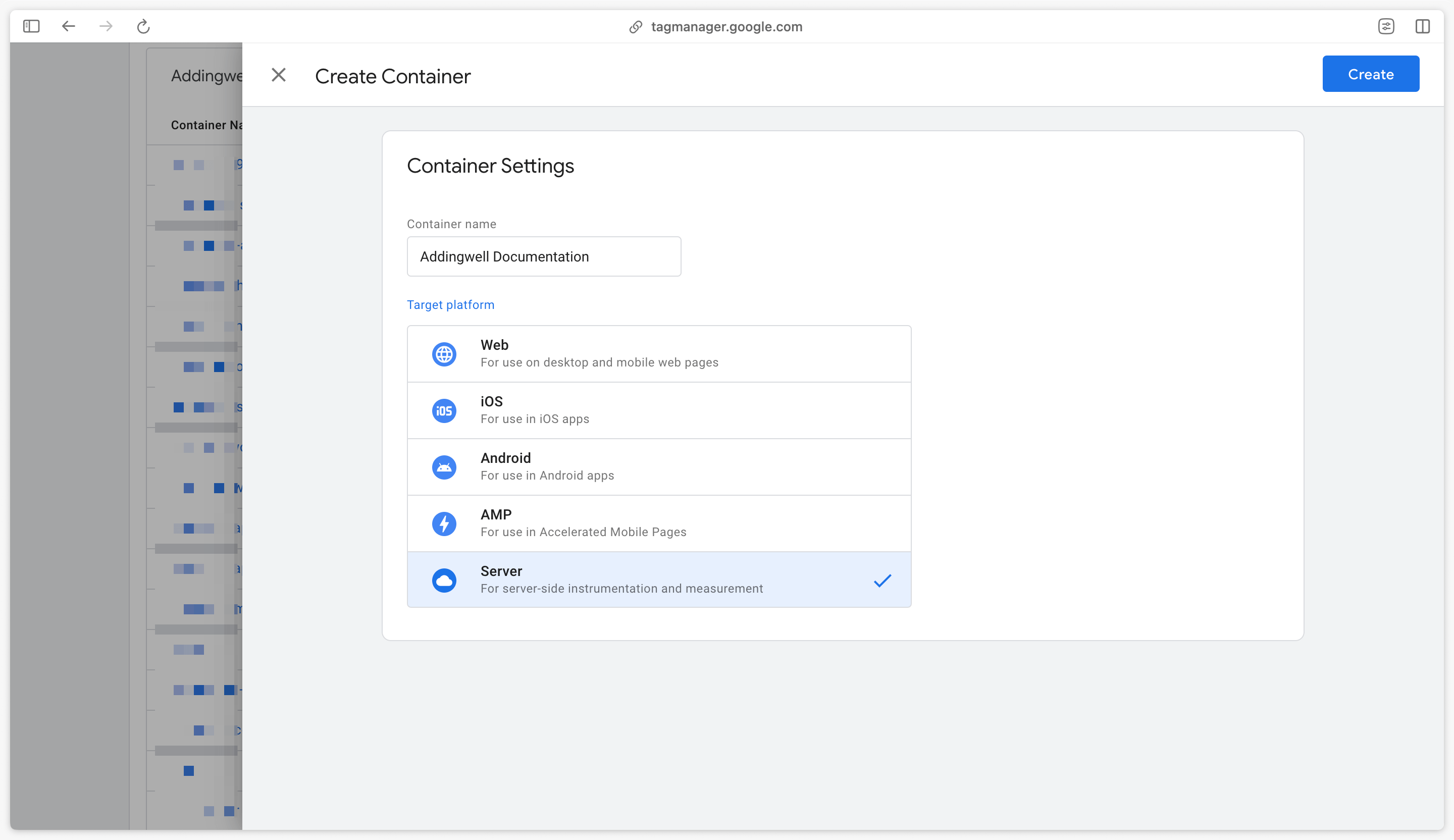 Création conteneur serveur GTM dans Google Tag Manager