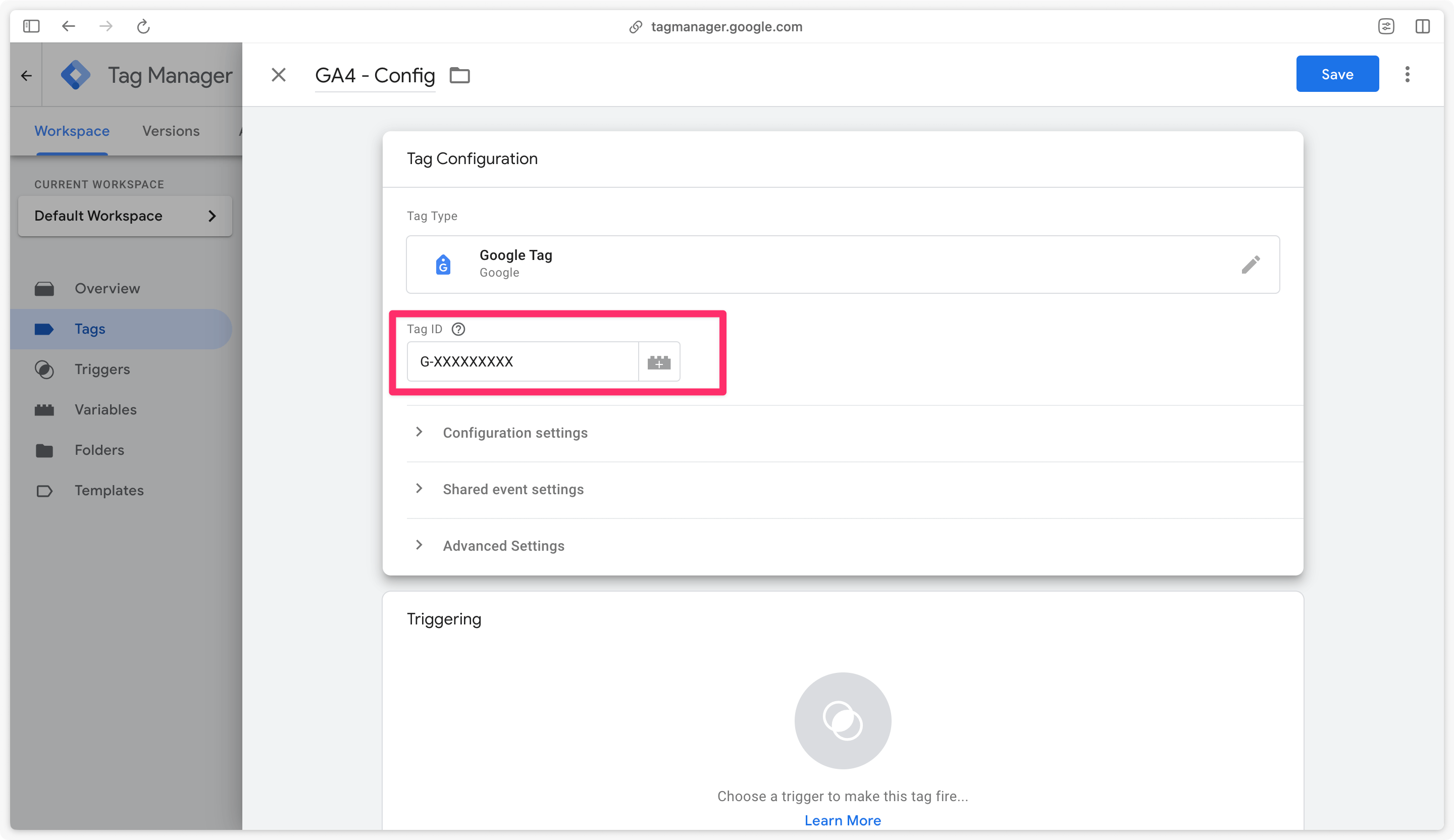 Configuration de l'identifiant de la balise Google dans GTM