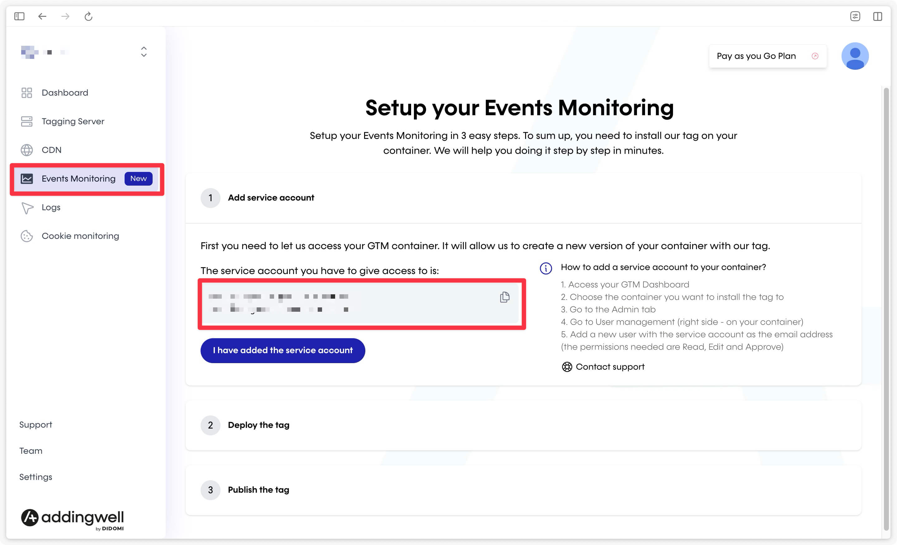 Copy the service account from Addingwell