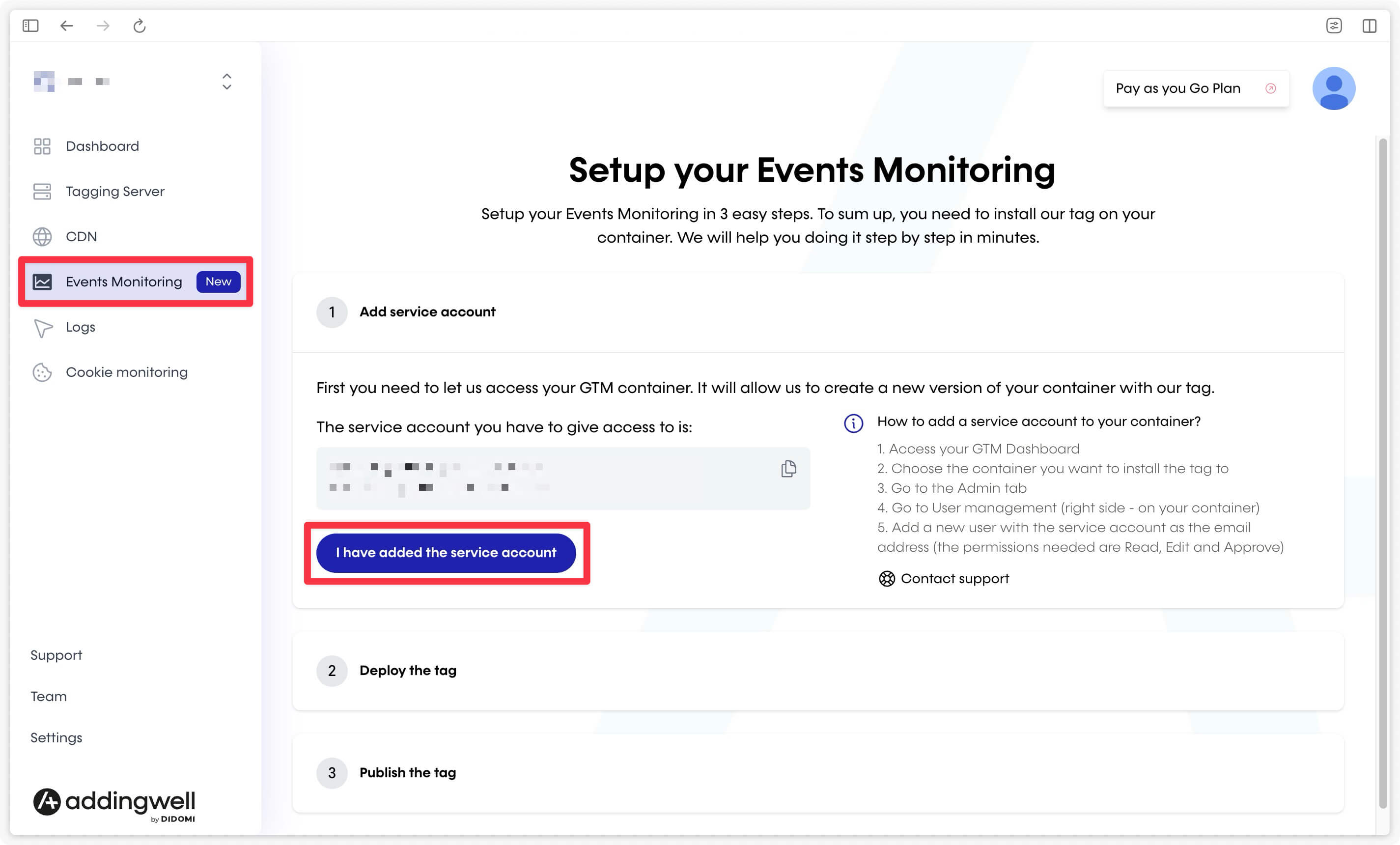 Confirm the service account has been added in Addingwell