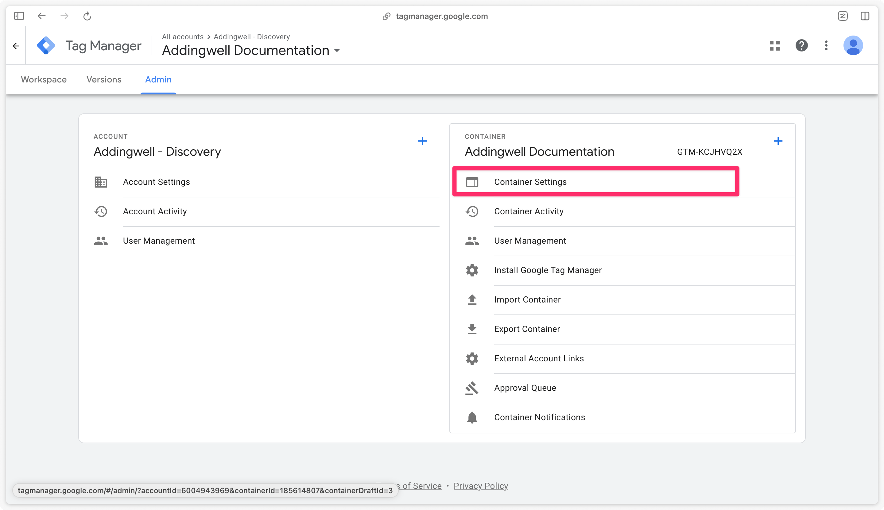 Paramètres du conteneur dans sGTM