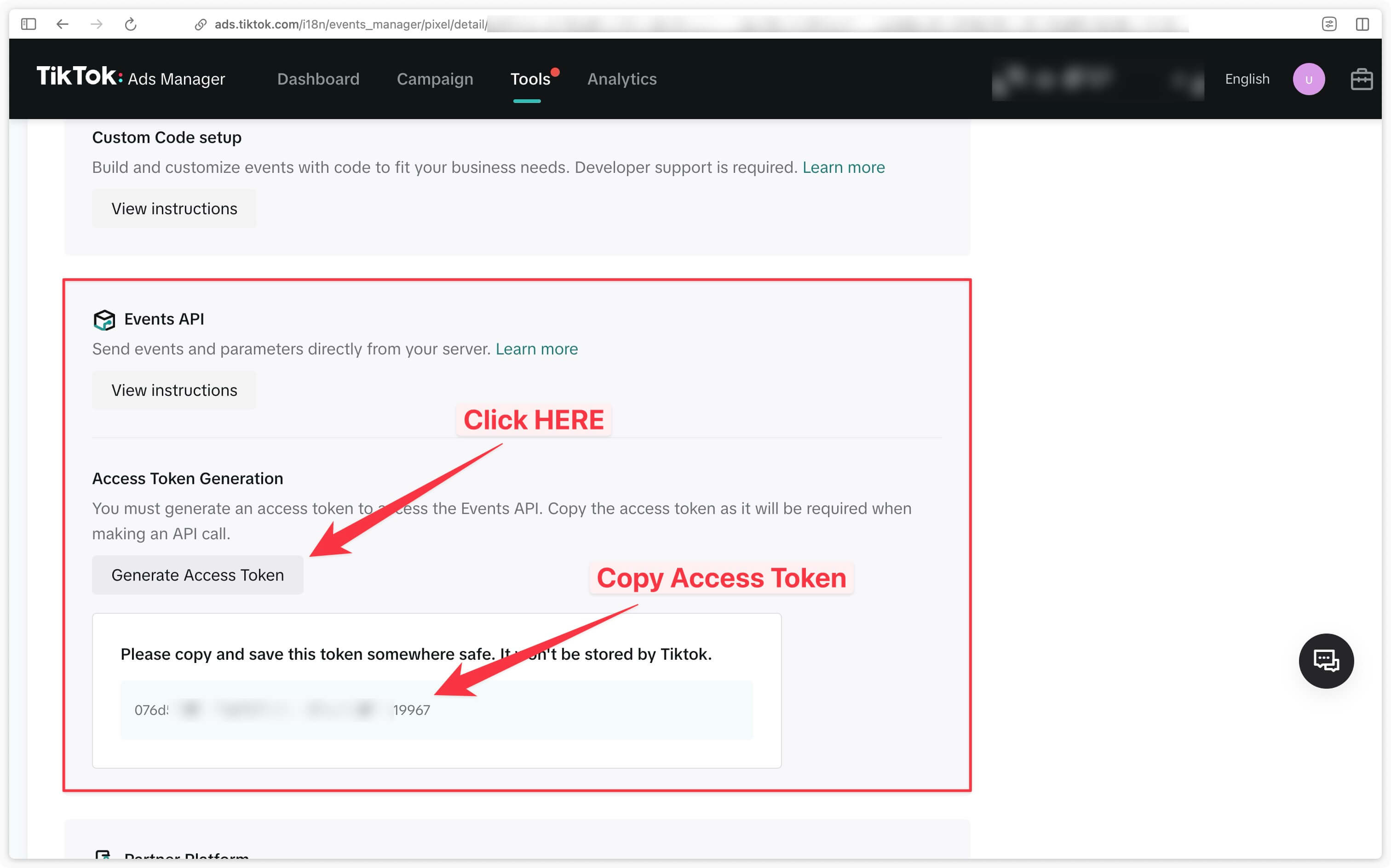 Section Events API pour trouver l'Access Token Tiktok