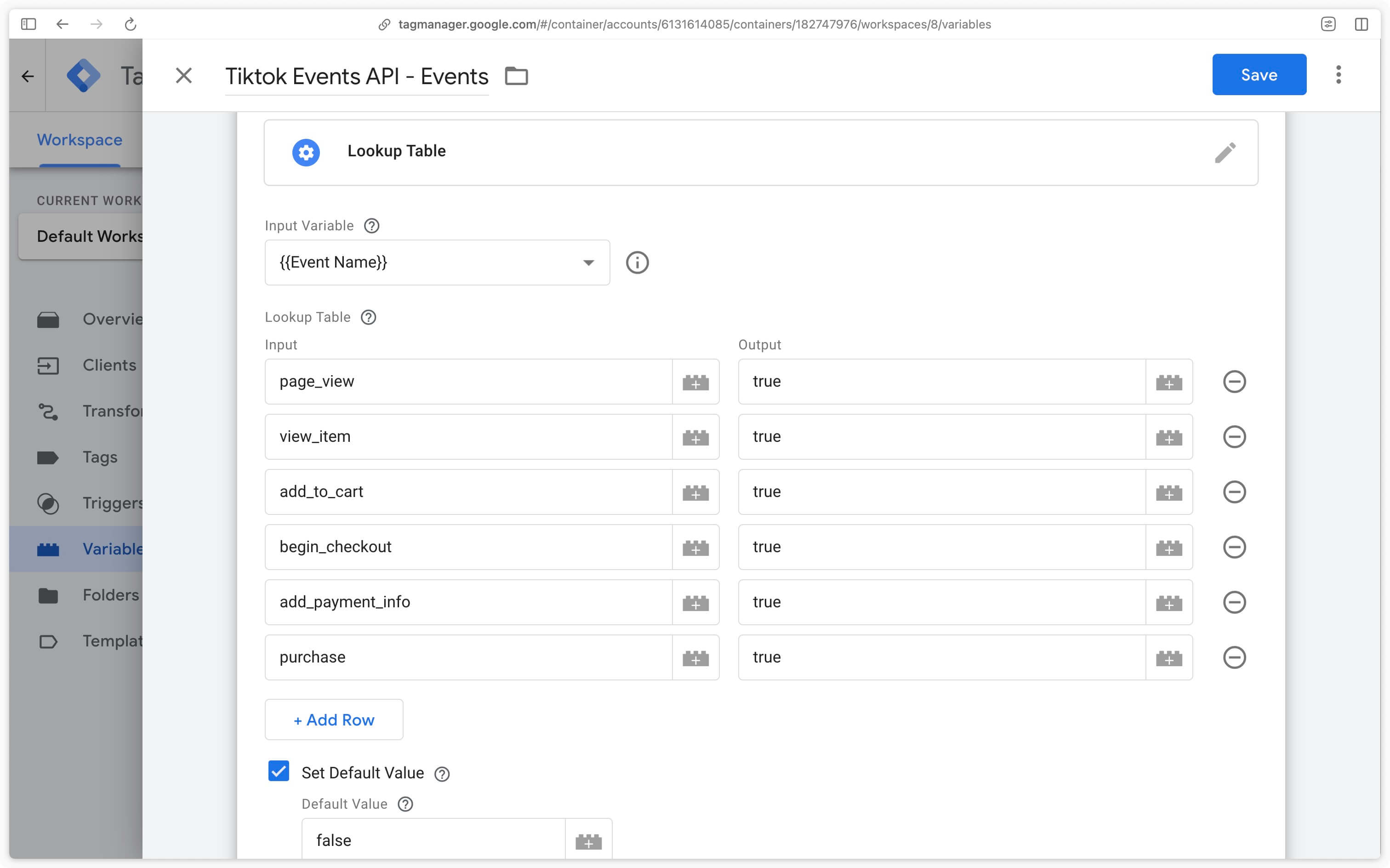 Configuring a lookup table in Google Tag Manager Server-Side