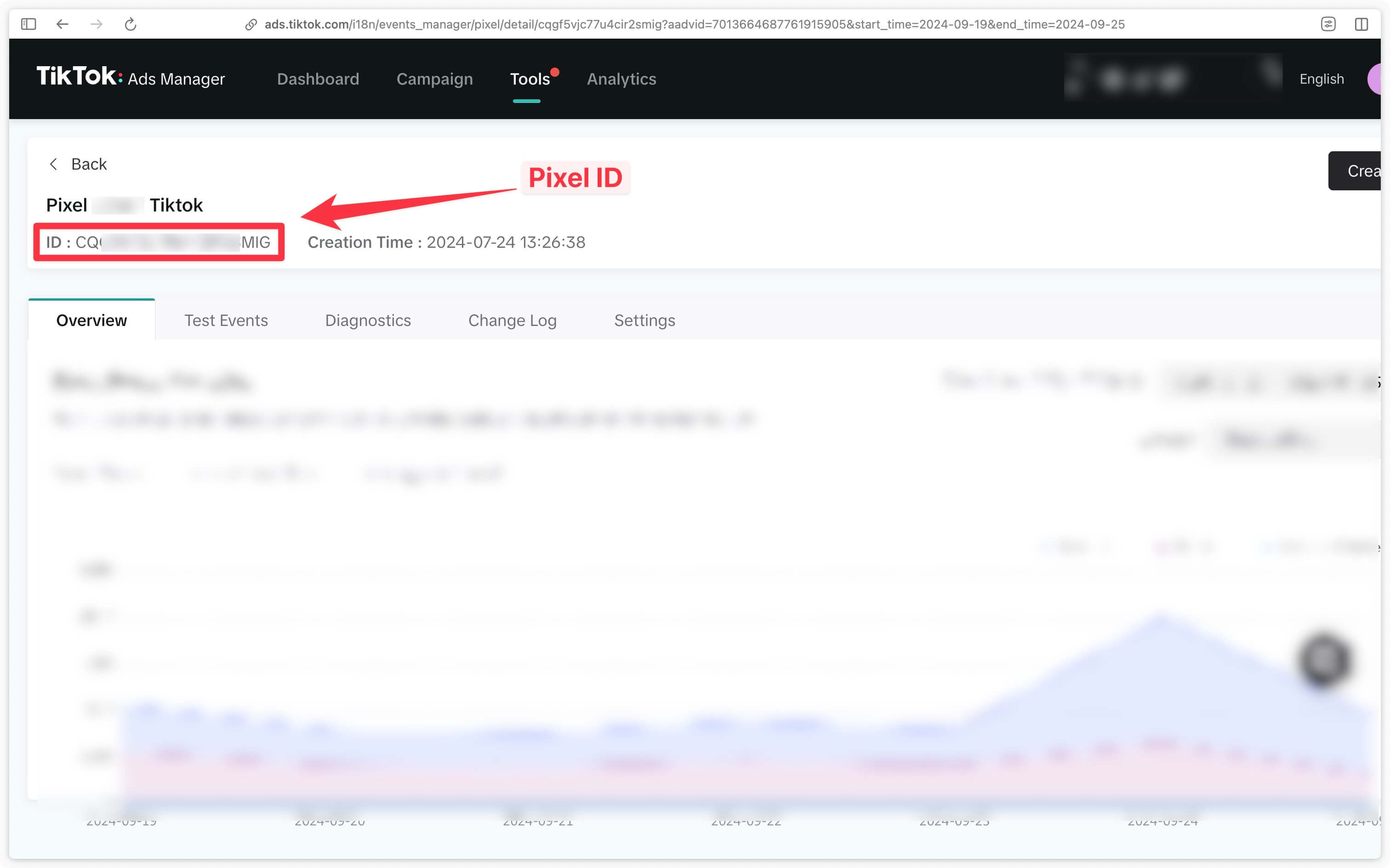 Recherche de l'identifiant du pixel Tiktok dans le gestionnaire d'événements sur Business Center Tiktok