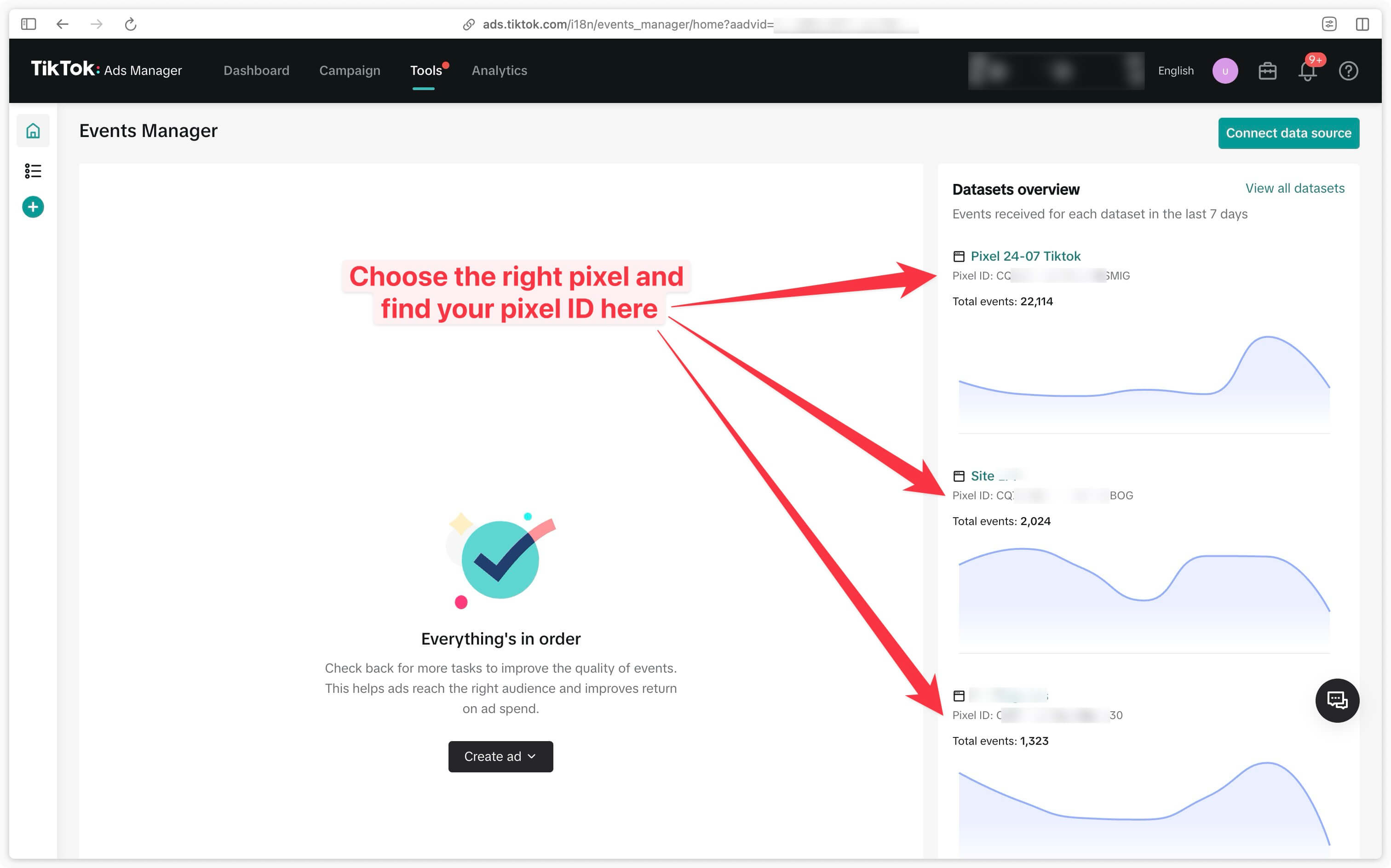 Searching for the Tiktok pixel identifier in the Events Manager on Business Center Tiktok