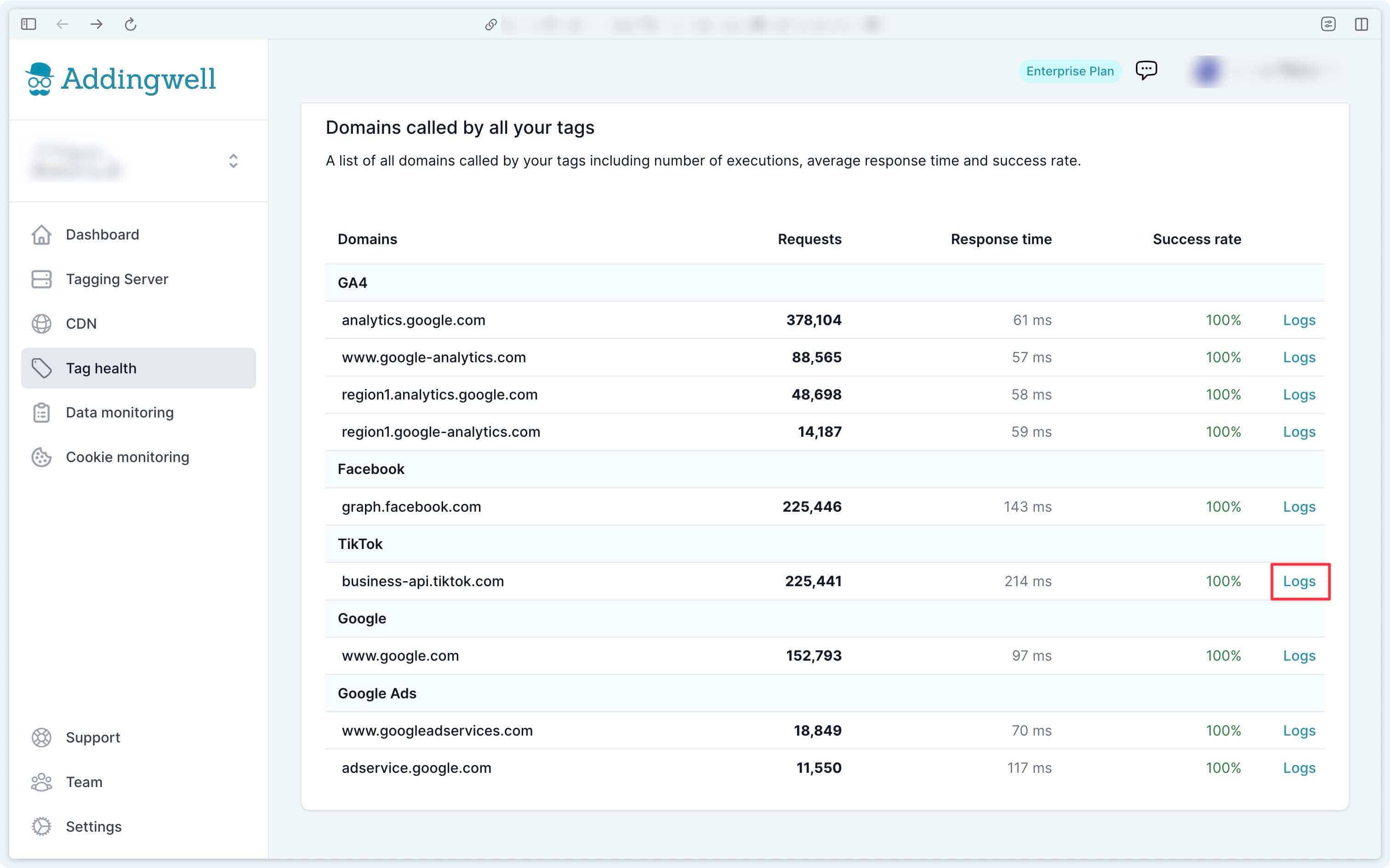 Detail of logs on Tiktok Events API requests via the Adddingwell workspace