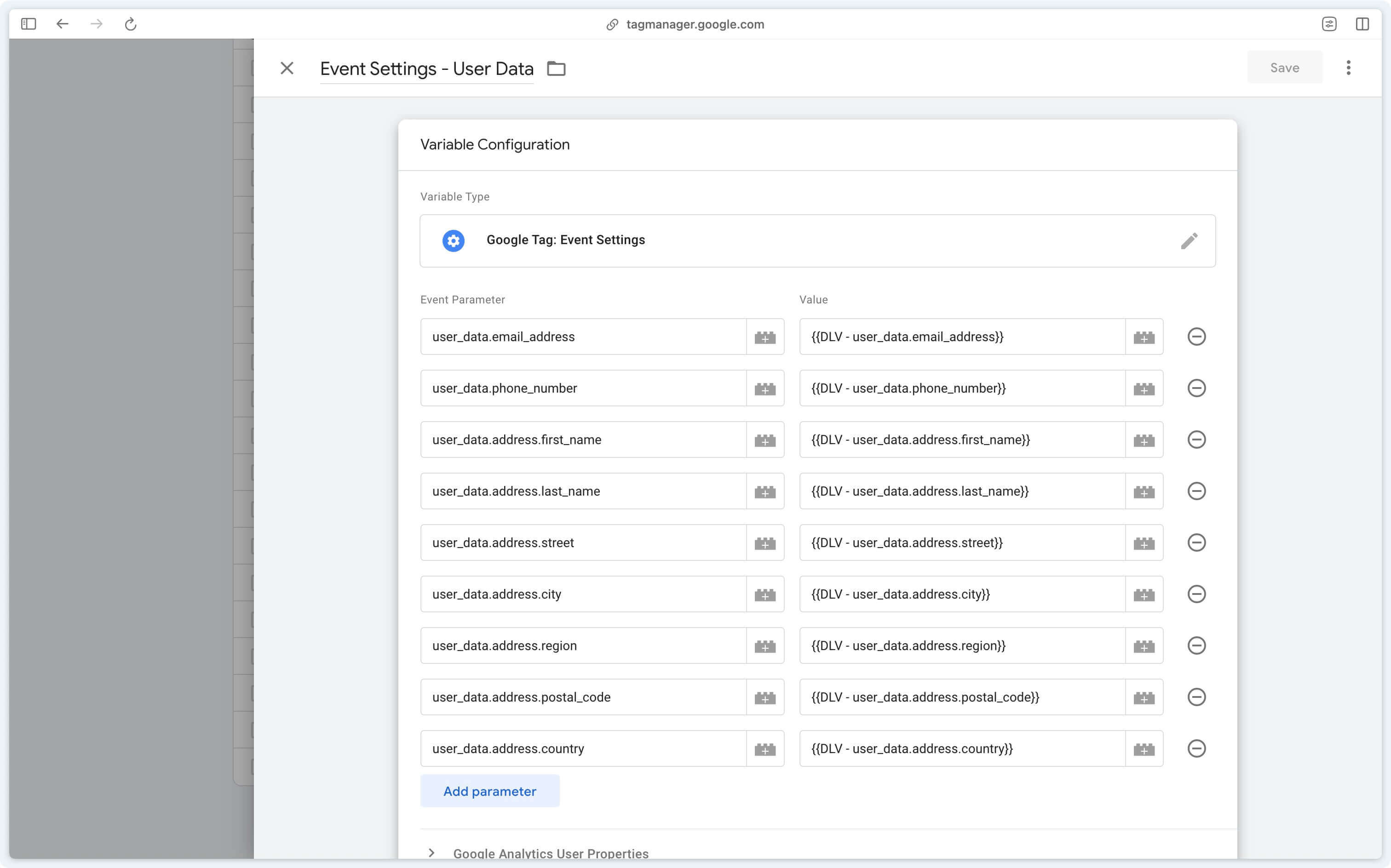 User data in event settings variable