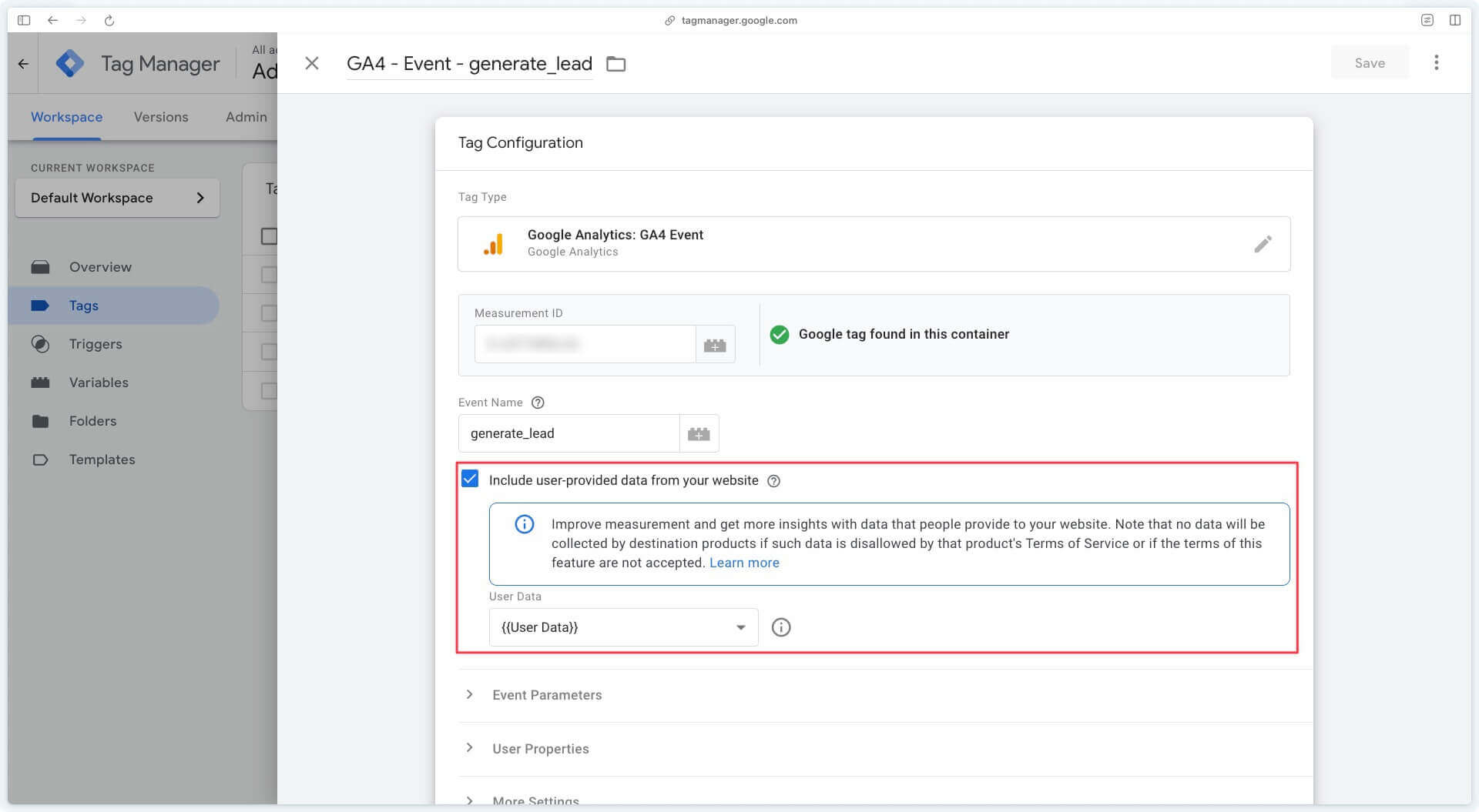 Checkbox include user-provided data from your website in GA4 event tags