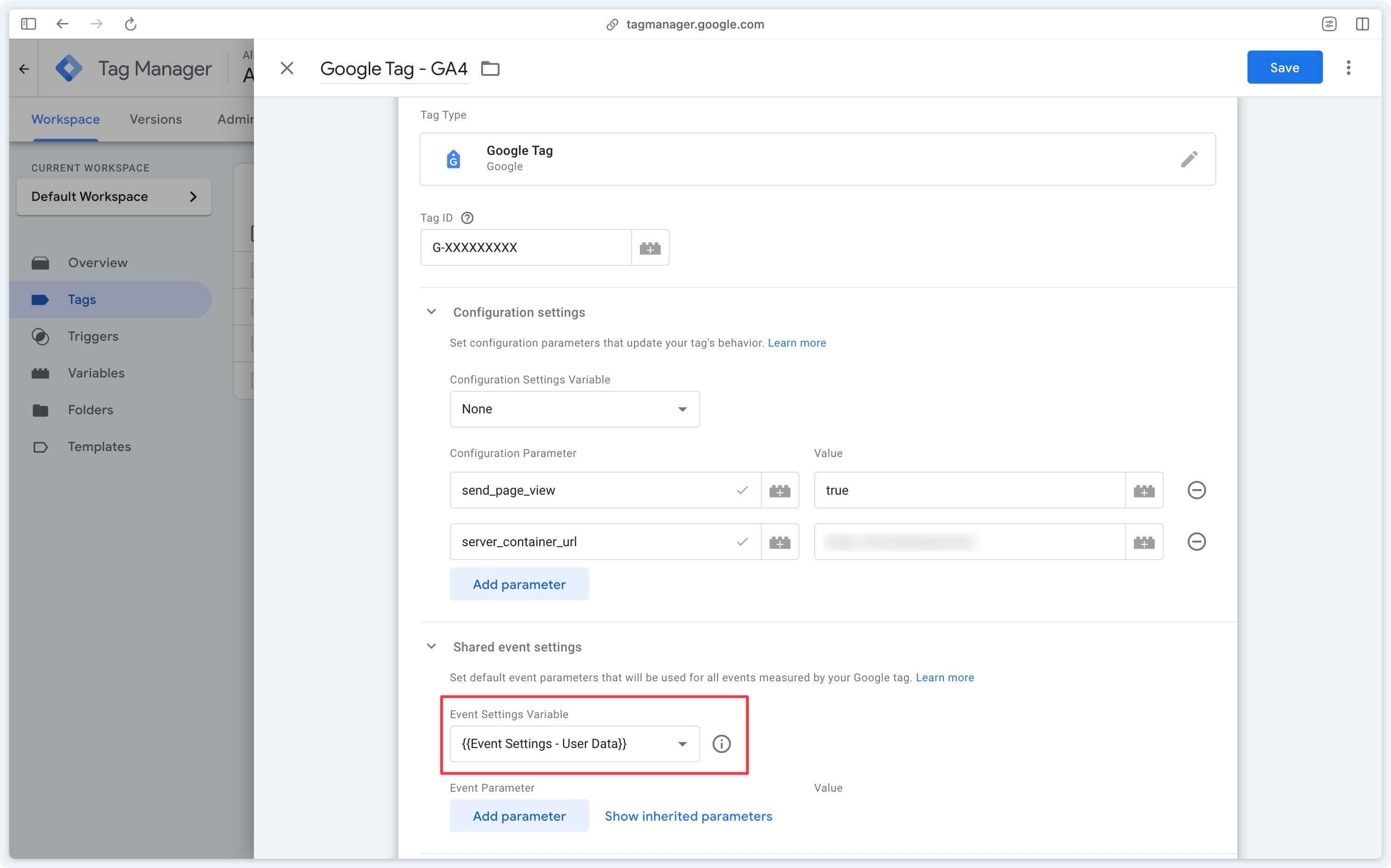 Section shared event settings dans le Google Tag