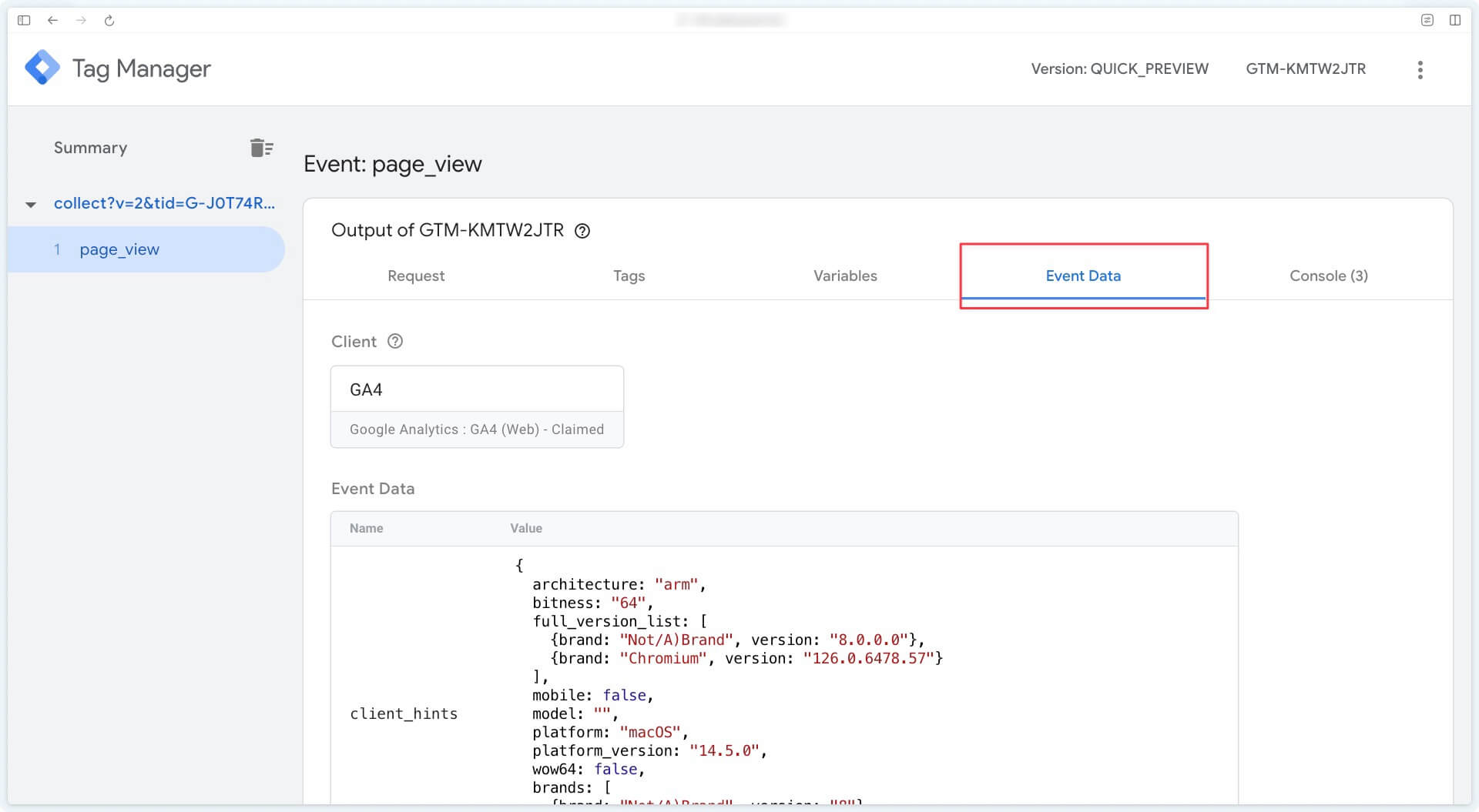 Données d'événement dans la prévisualisation GTM Server-Side