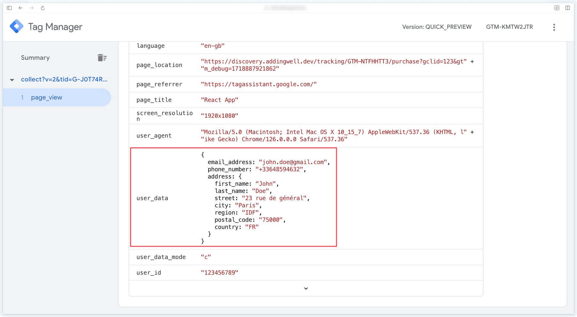 User_data parameter in event data on GTM Server-Side