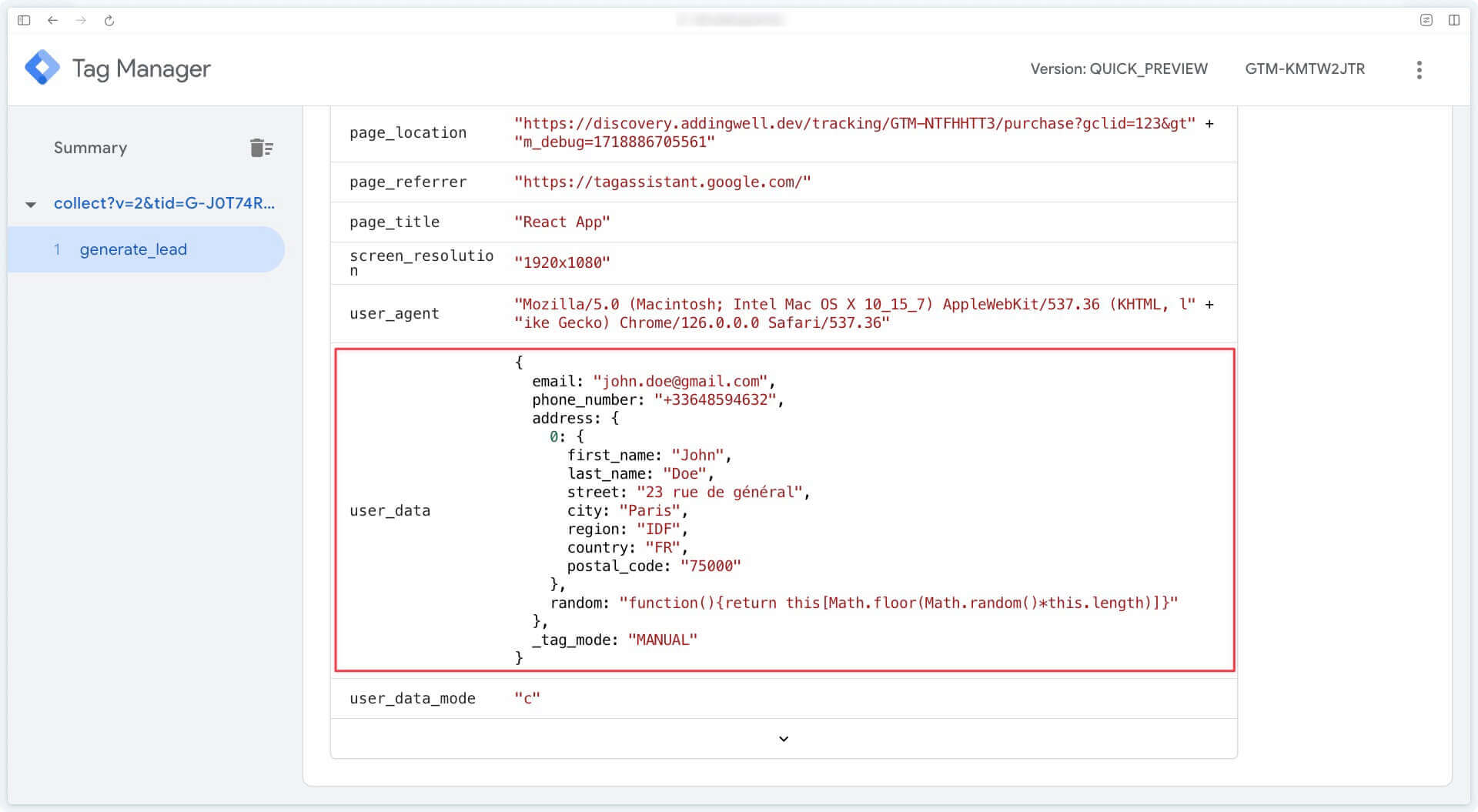 Paramètre user_data dans les données d'événement sur GTM Server-Side au format User-Provided Data